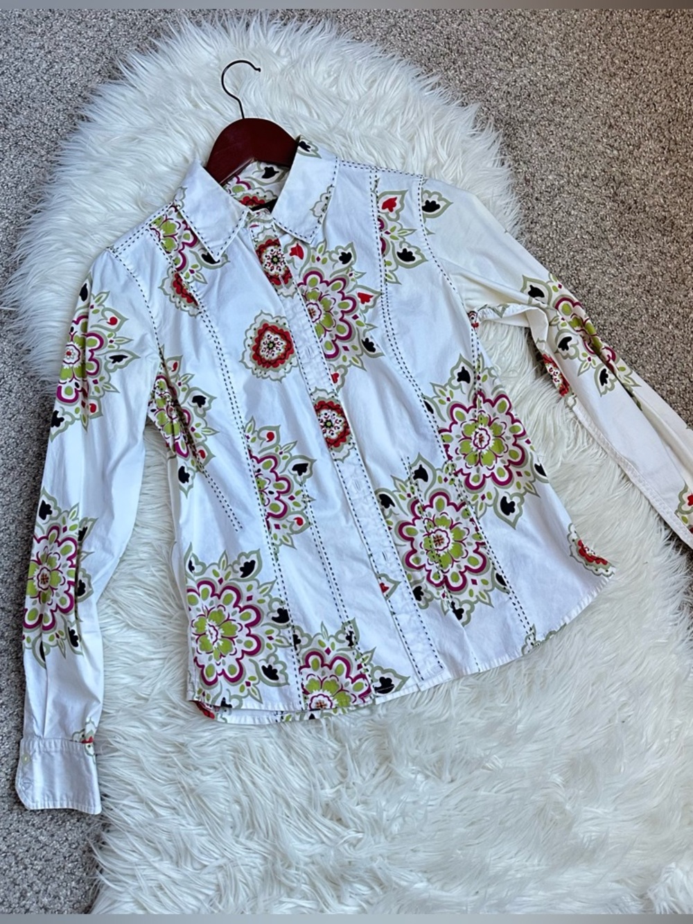 Madison Studio White Floral Print Blouse with Green and Red Accents